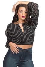 Black and White stripe cropped fashion blouse with cutout back. Date night top or blouse. 