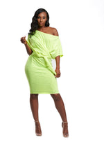 Midi self tie twist dress features, a stretchy fabric, round neck, short sleeves, back strap tie, no closures. 